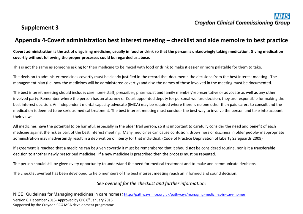Appendix 4-Covert Administration Best Interest Meeting Checklist and Aide Memoire to Best