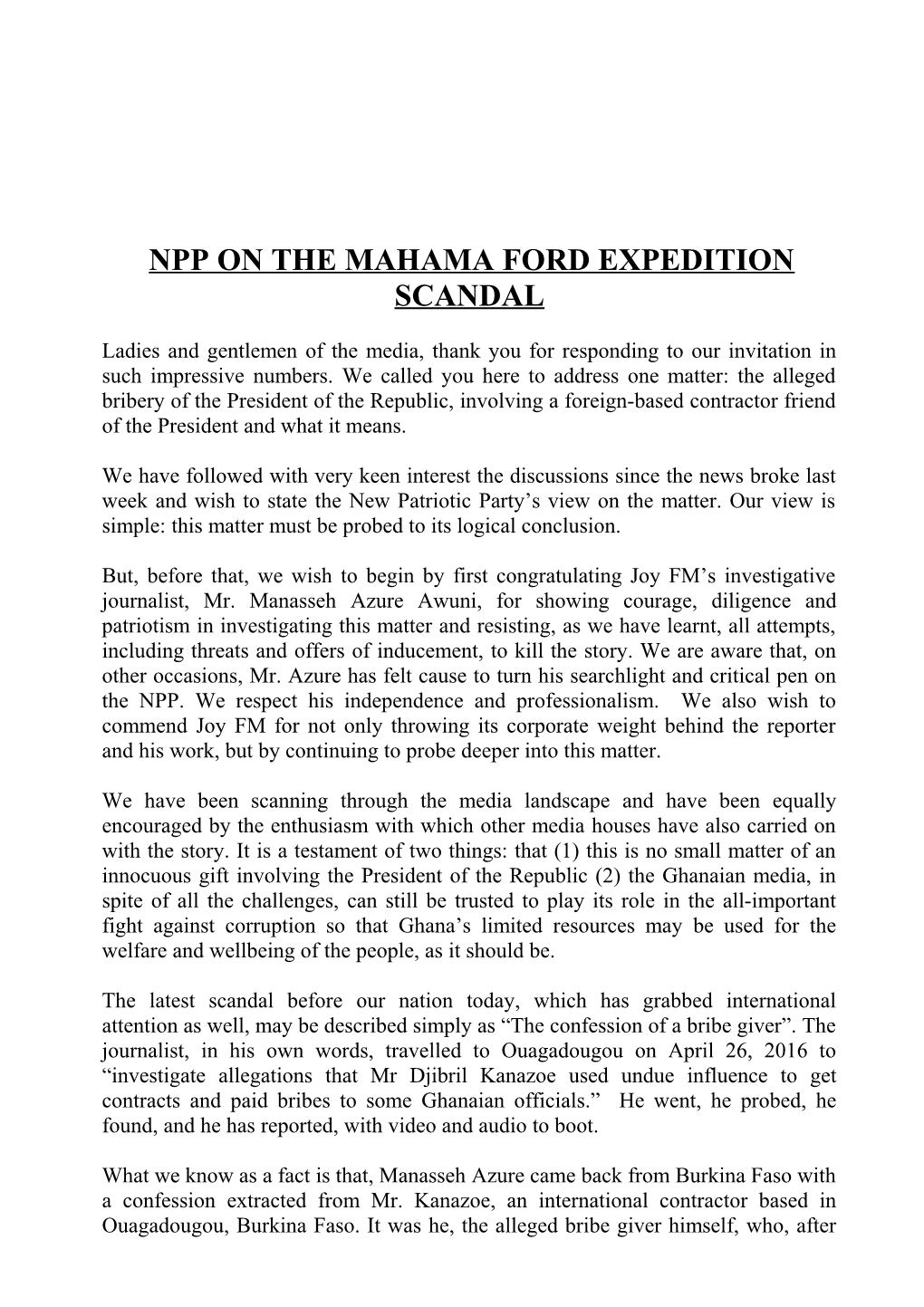 Npp on the Mahama Ford Expedition Scandal