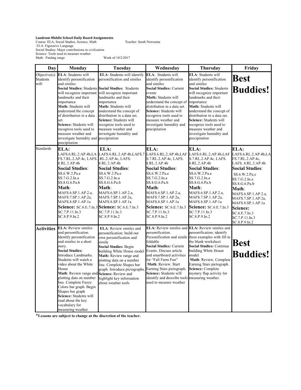 Landrum Middle School Daily Board Assignments
