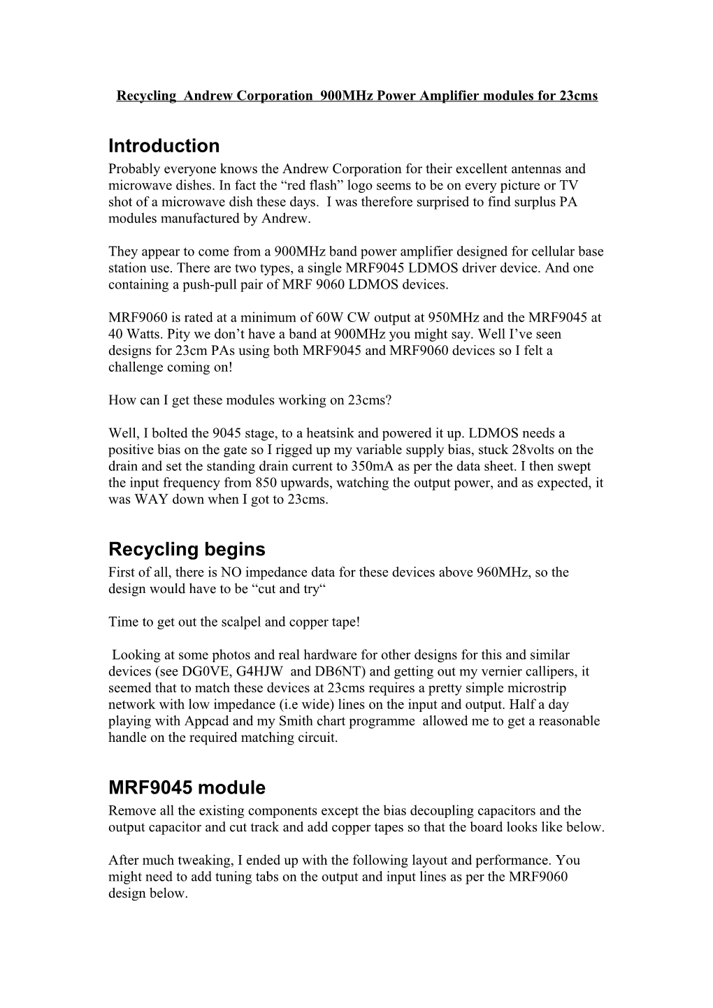 Recycling an Andrew Corporation 900Mhz Power Amplifier Module for 23Cms