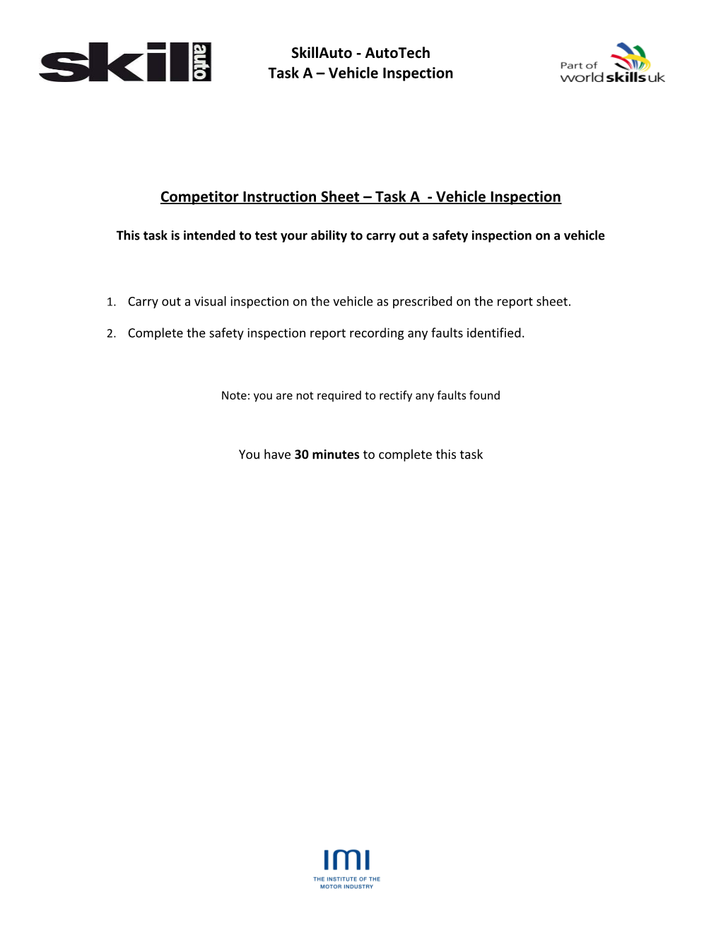 Competitor Instruction Sheet Task a -Vehicle Inspection