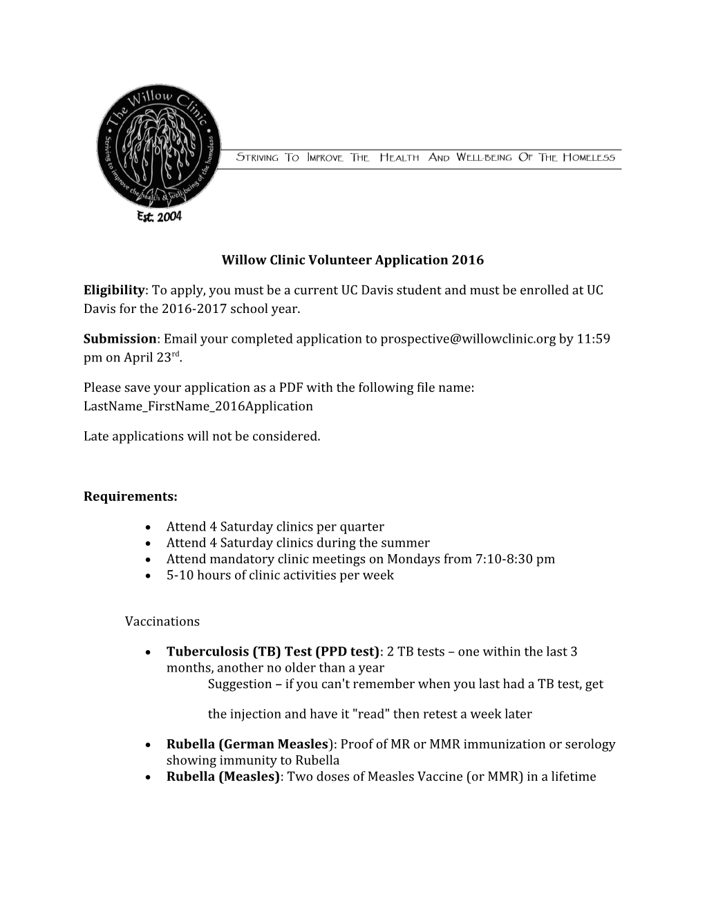 Willow Clinic Volunteer Application2016
