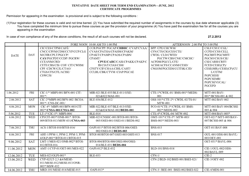 Tentative Date Sheet for Term End Examination June, 2012