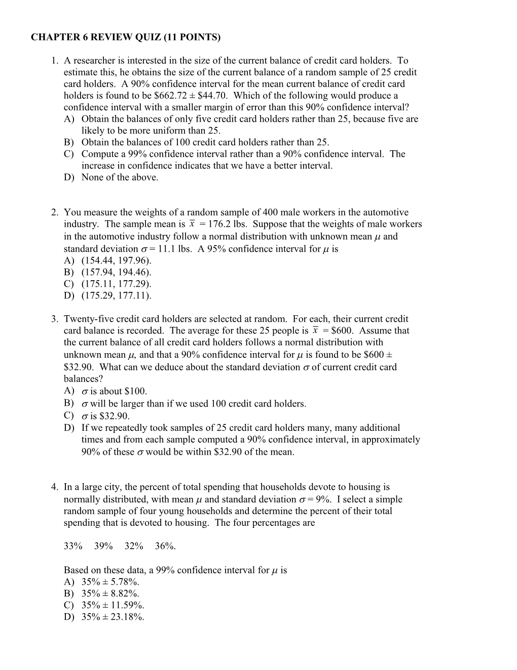 Chapter 6 Review Quiz (11 Points)