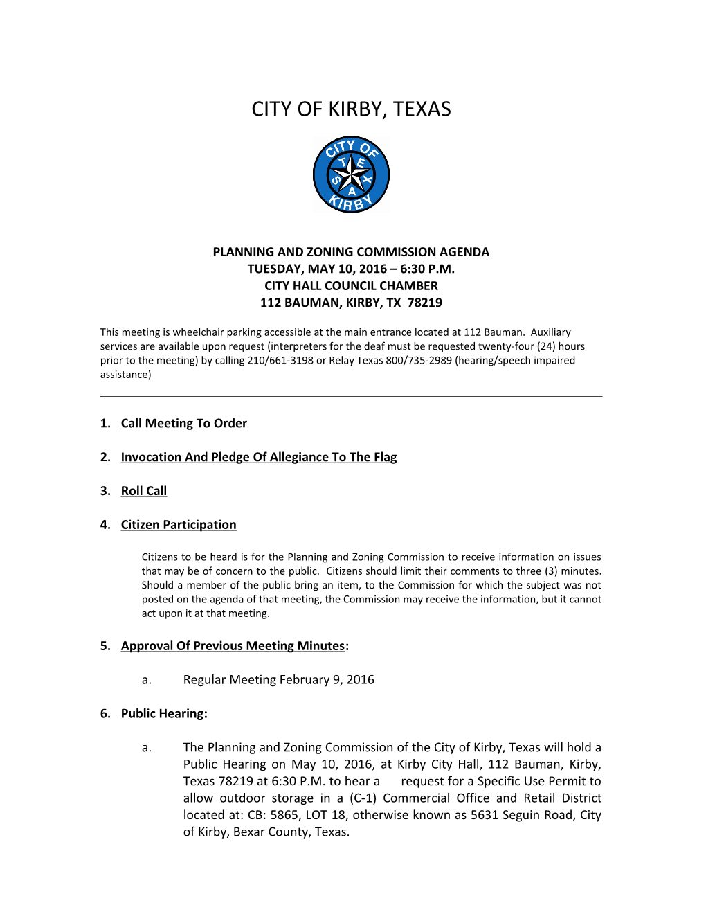 Planning and Zoning Commission Agenda