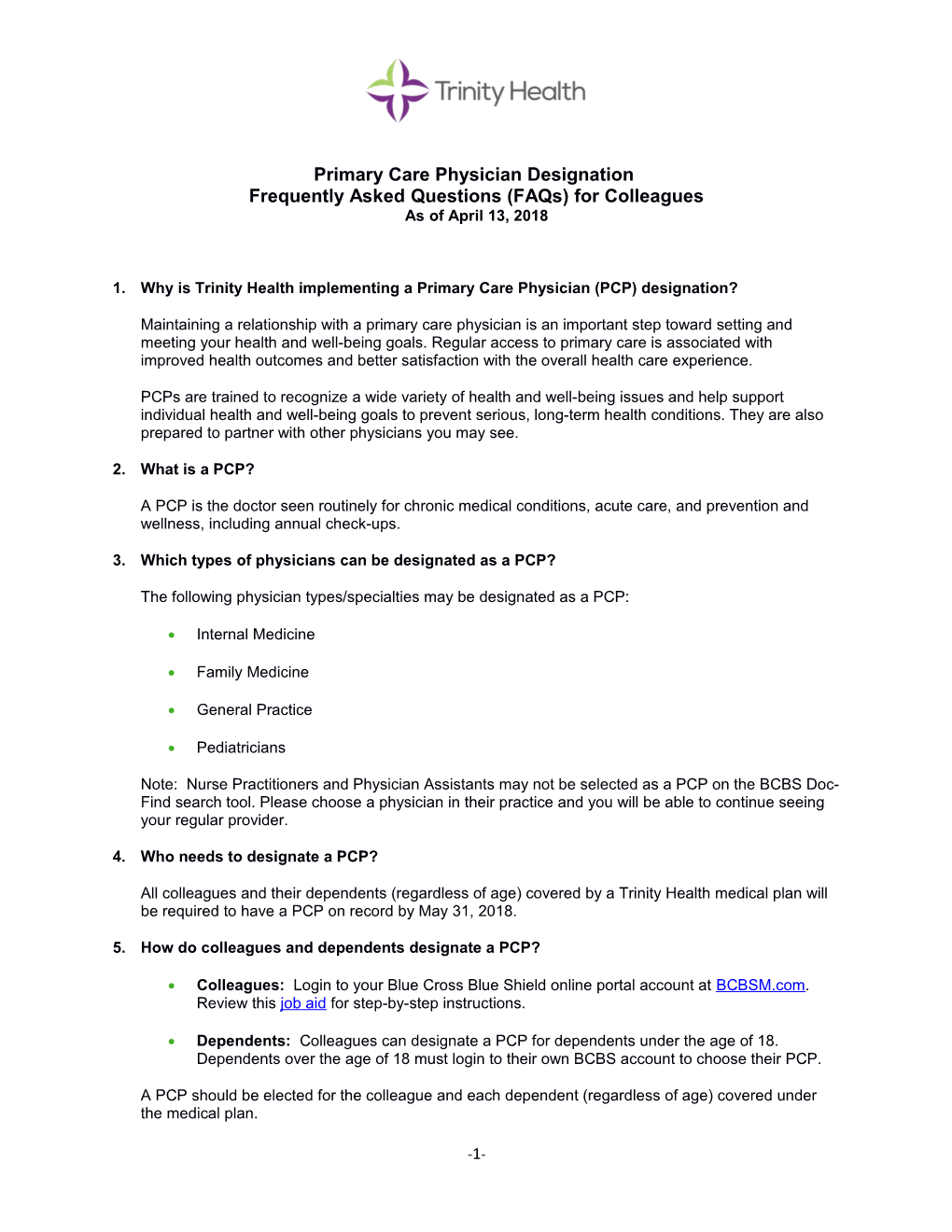 Primary Care Physician Designation-Blue Cross Blue Shield