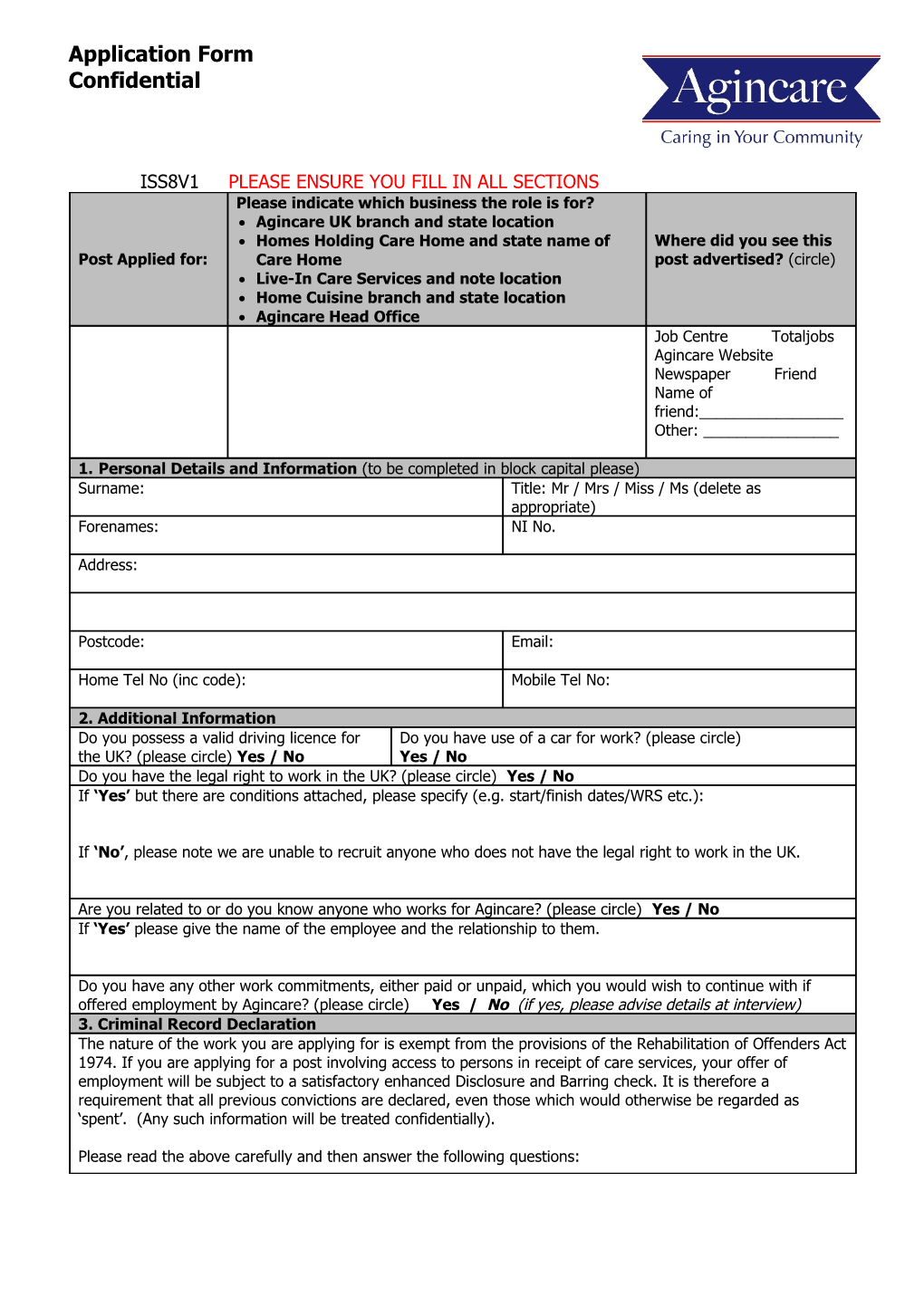 Care & Support Worker Job Application Form
