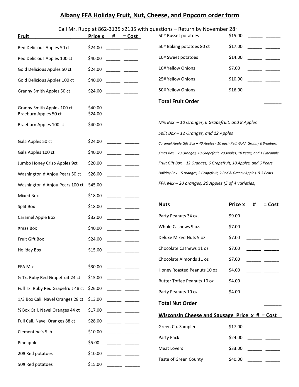 Albany FFA Holiday Fruit, Nut, Cheese, and Popcorn Order Form