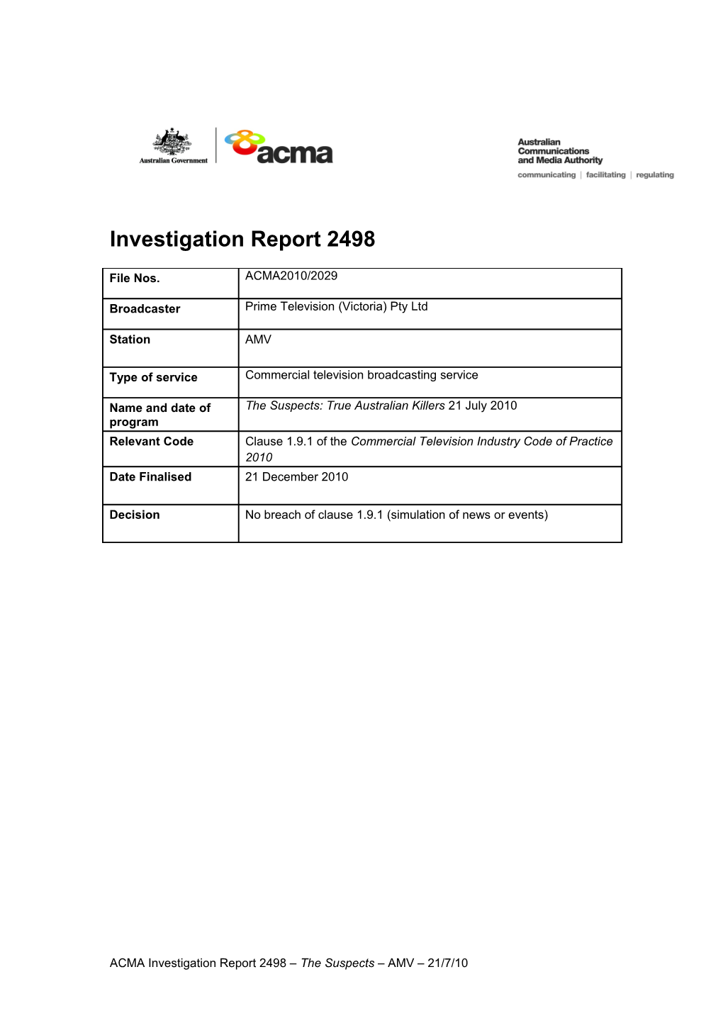 AMV (Prime TV) - ACMA Investigation Report 2498