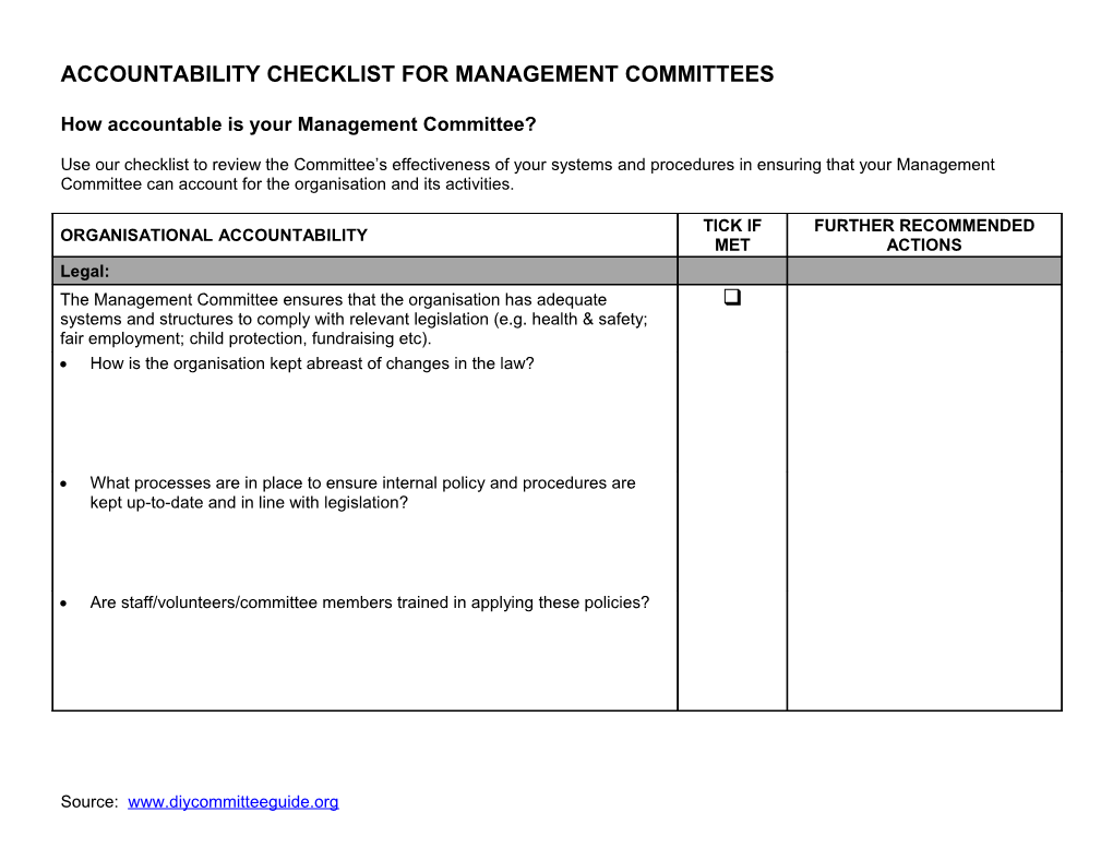 ACCOUNTABILITY CHECKLIST for Management Committees