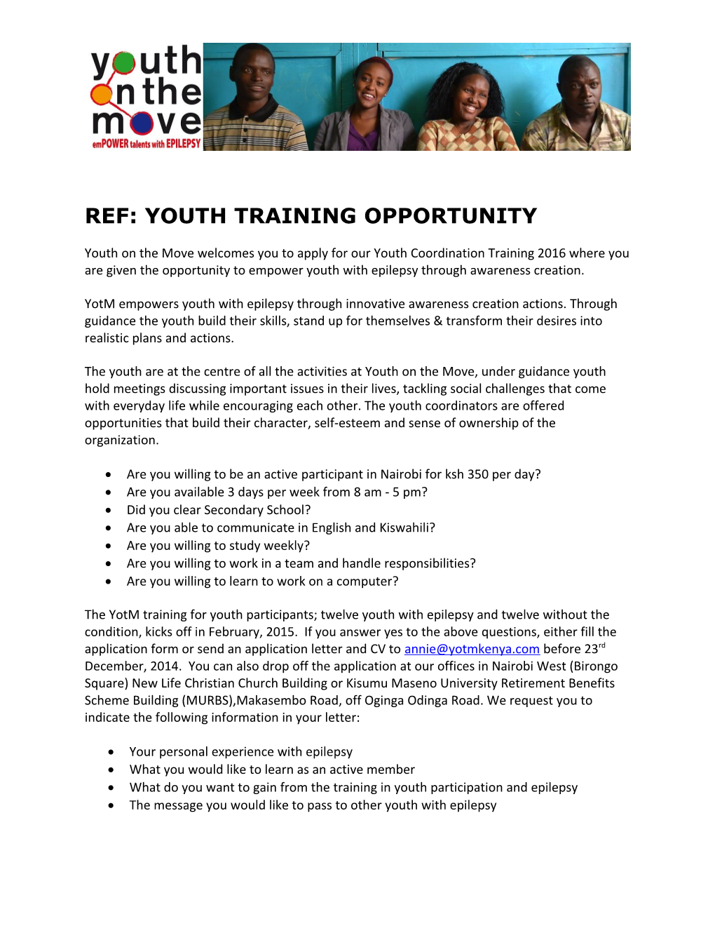 Ref: Youth Training Opportunity