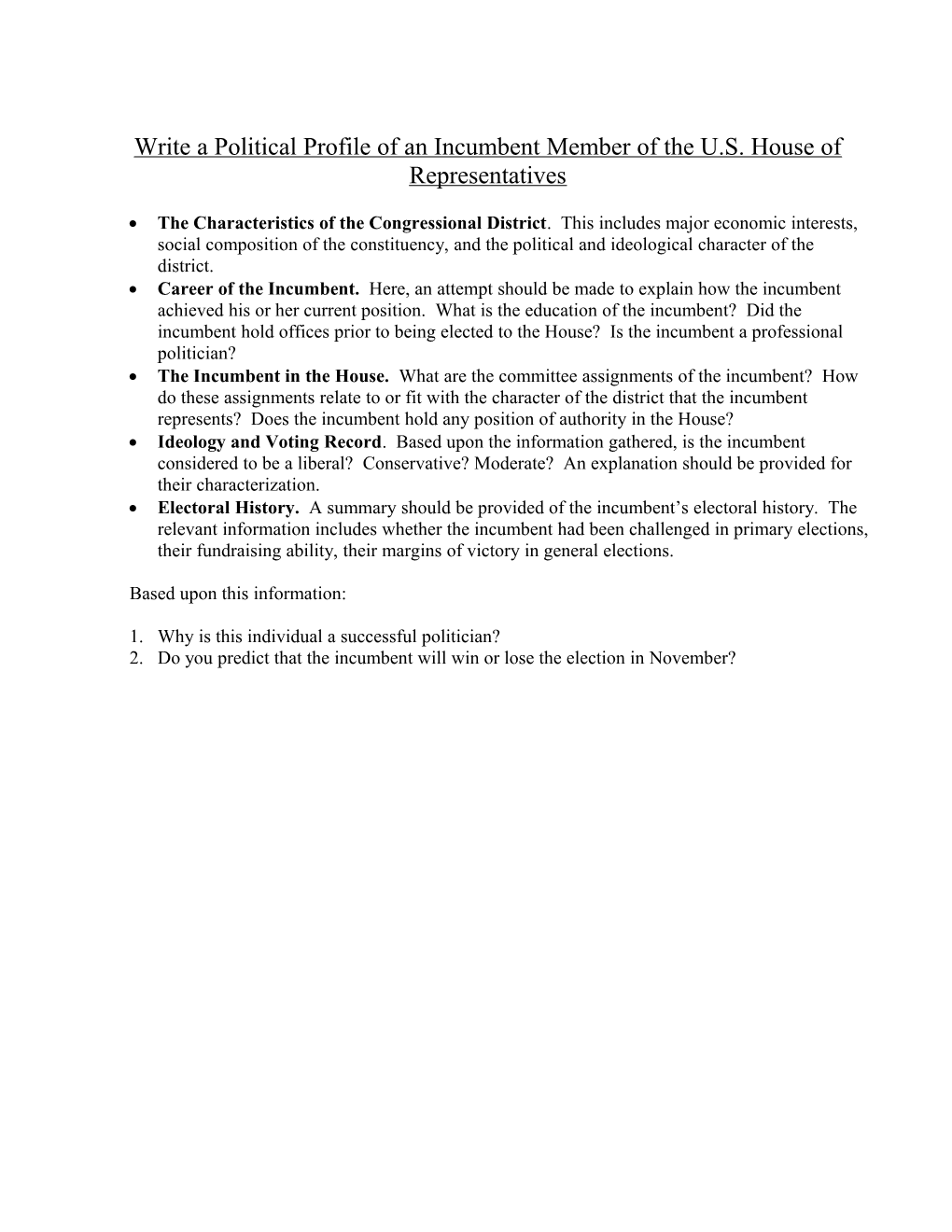 Write a Political Profile of an Incumbent Member of the U.S. House of Representatives