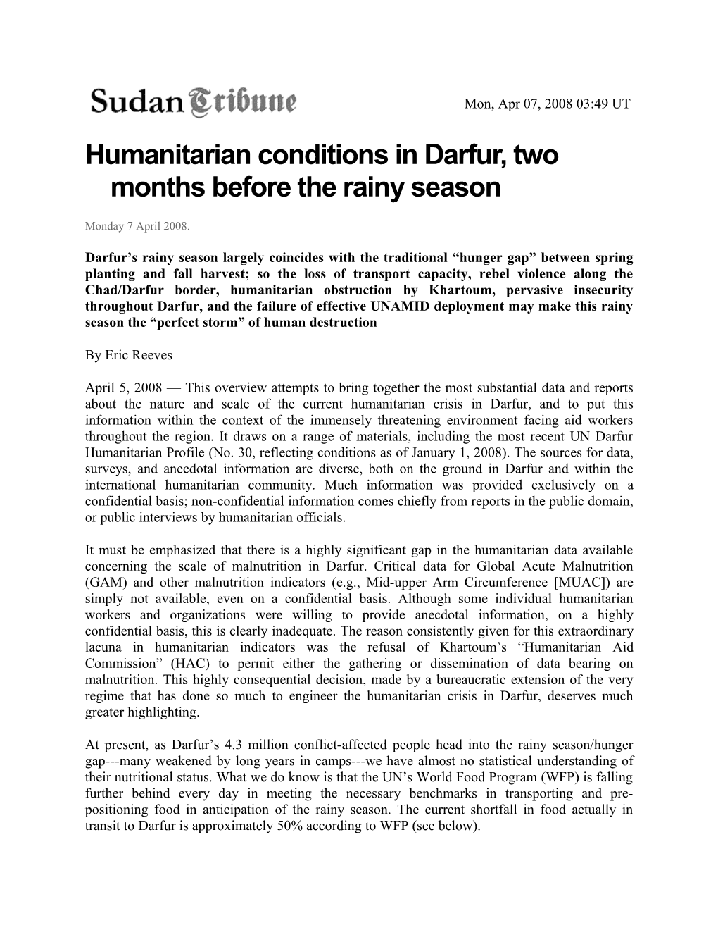 Humanitarian Conditions in Darfur, Two Months Before the Rainy Season