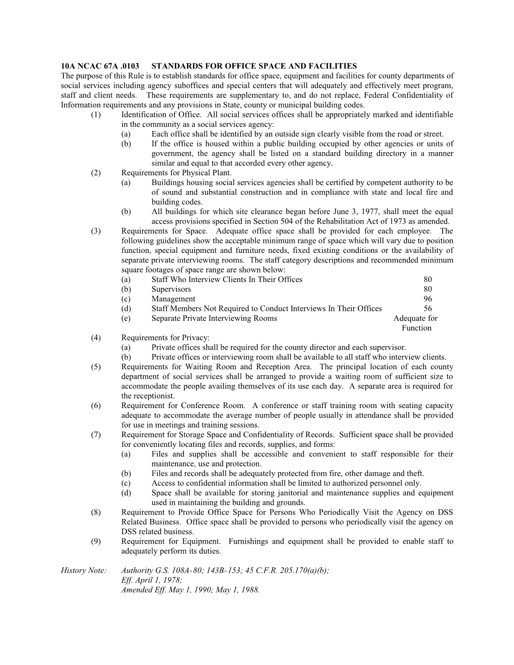 10A Ncac 67A .0103Standards for Office Space and Facilities
