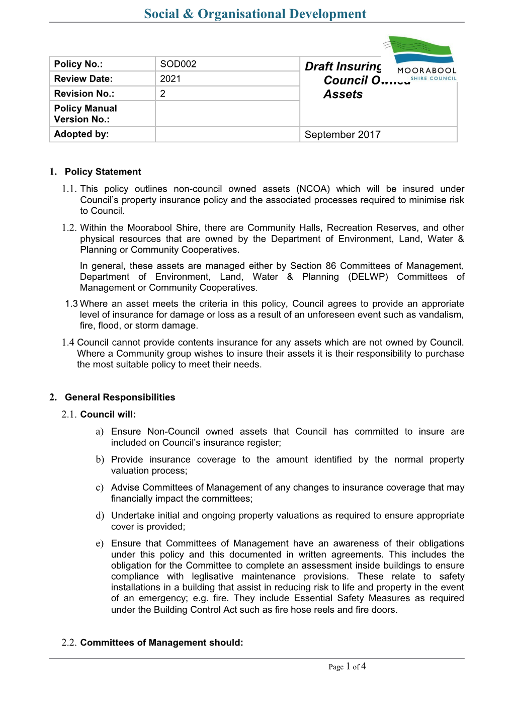 Draft Insuring Non-Council Owned Assets