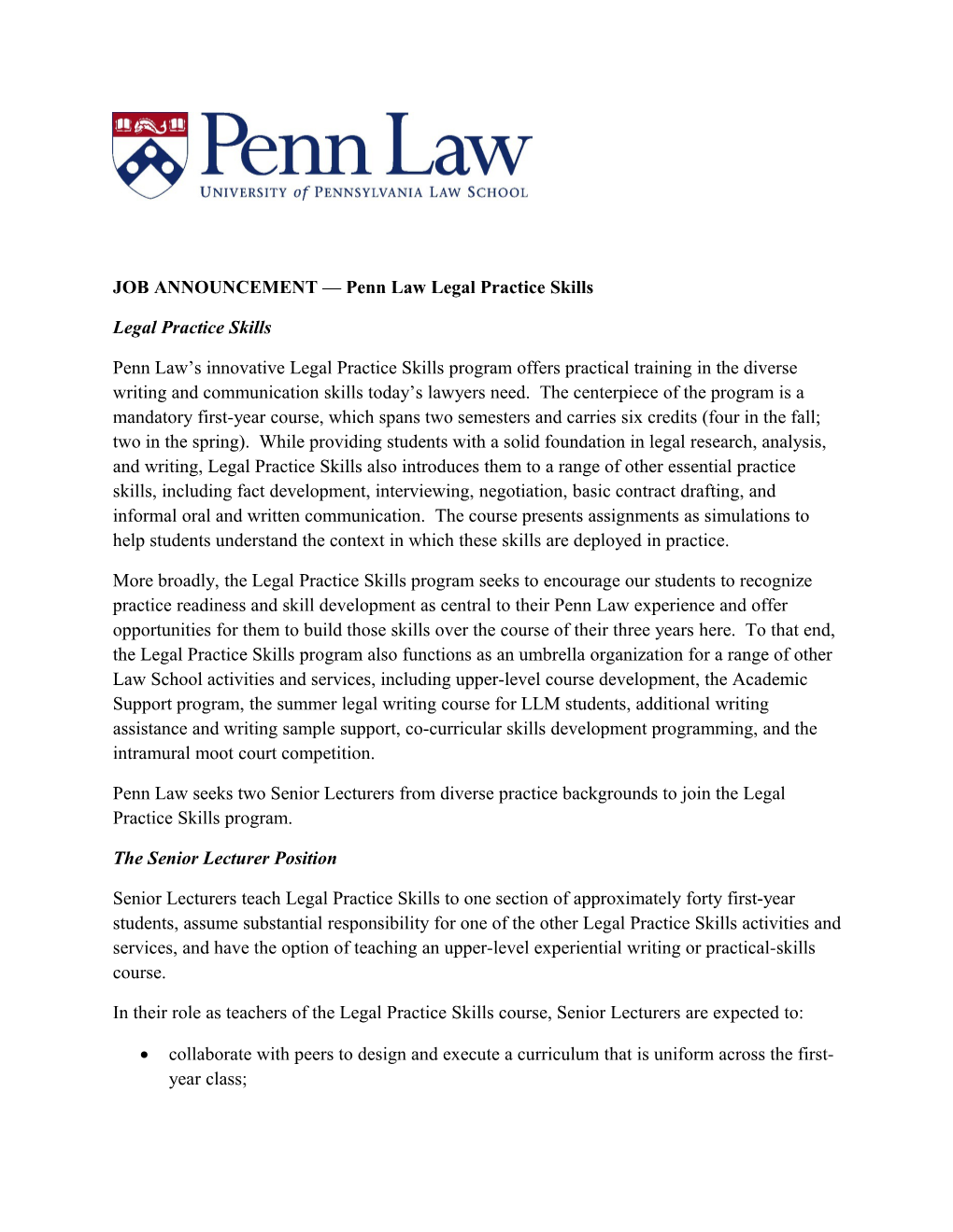 JOB ANNOUNCEMENT Penn Law Legal Practice Skills