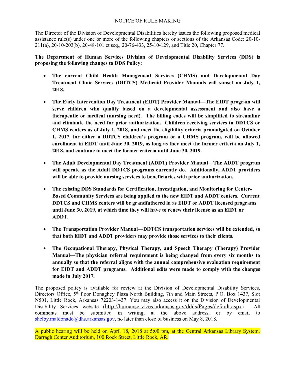 Notice of Rulemaking Regarding Proposed DDS Policy Changes