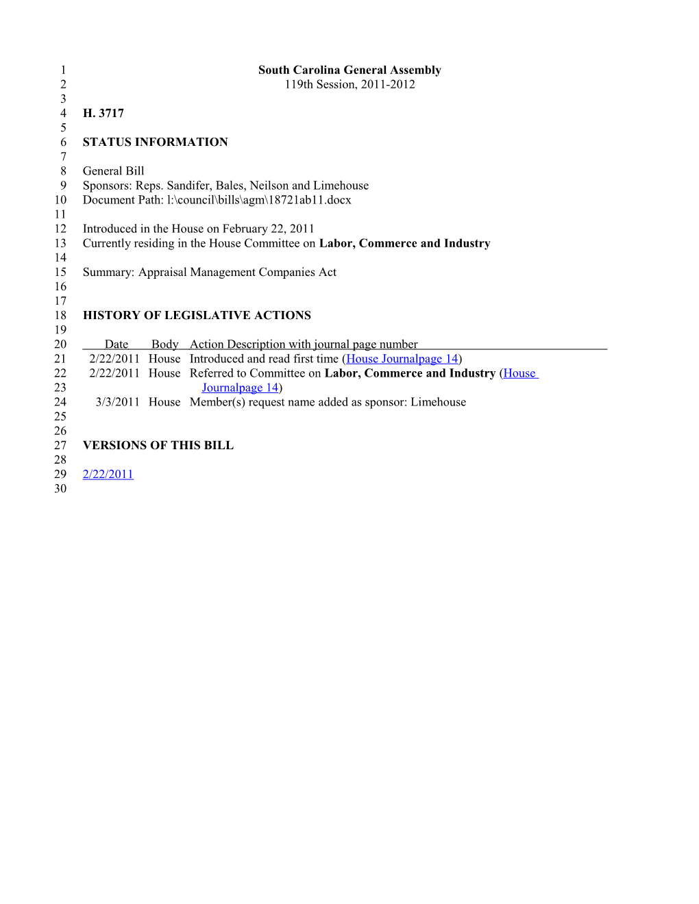 2011-2012 Bill 3717: Appraisal Management Companies Act - South Carolina Legislature Online