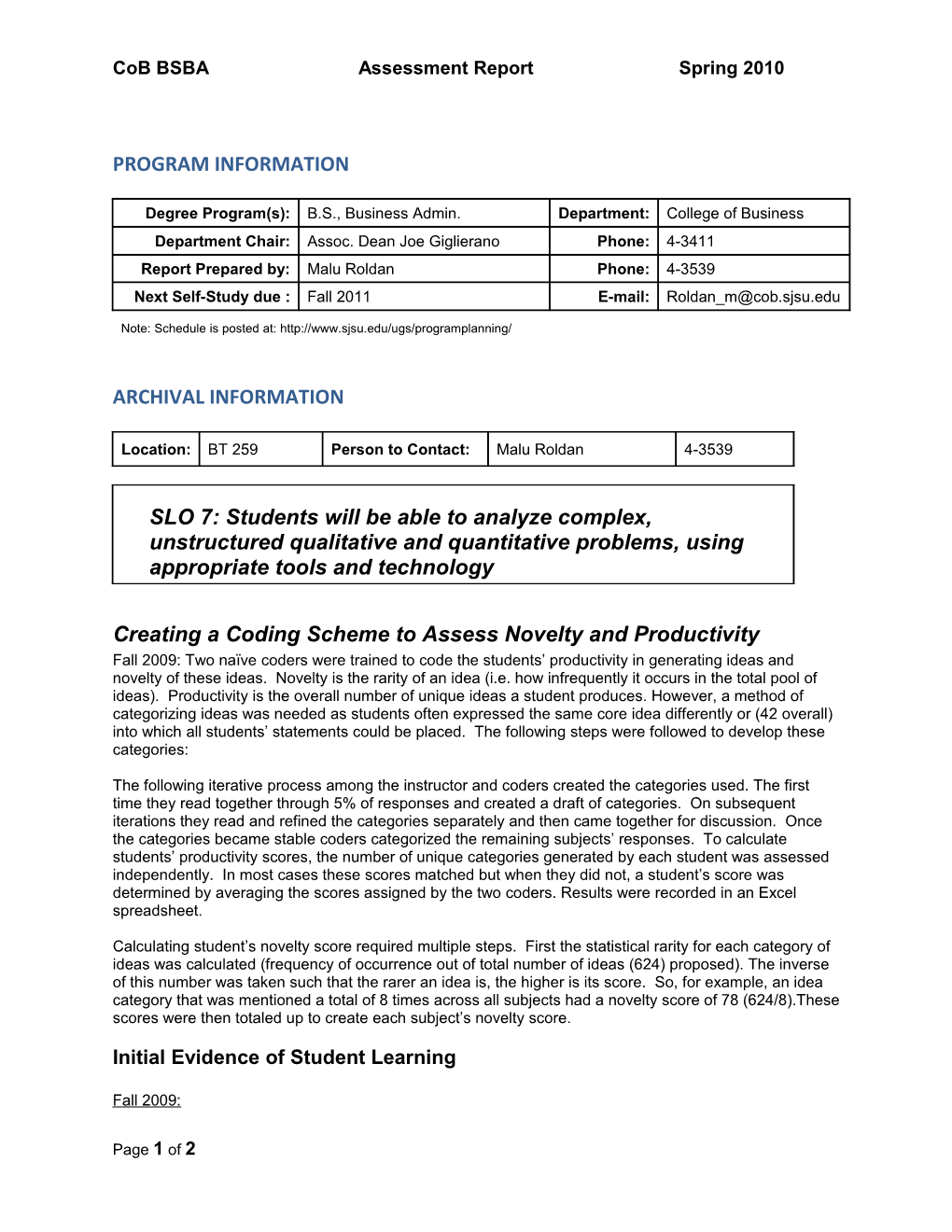 Cob Bsbaassessment Report Spring 2010