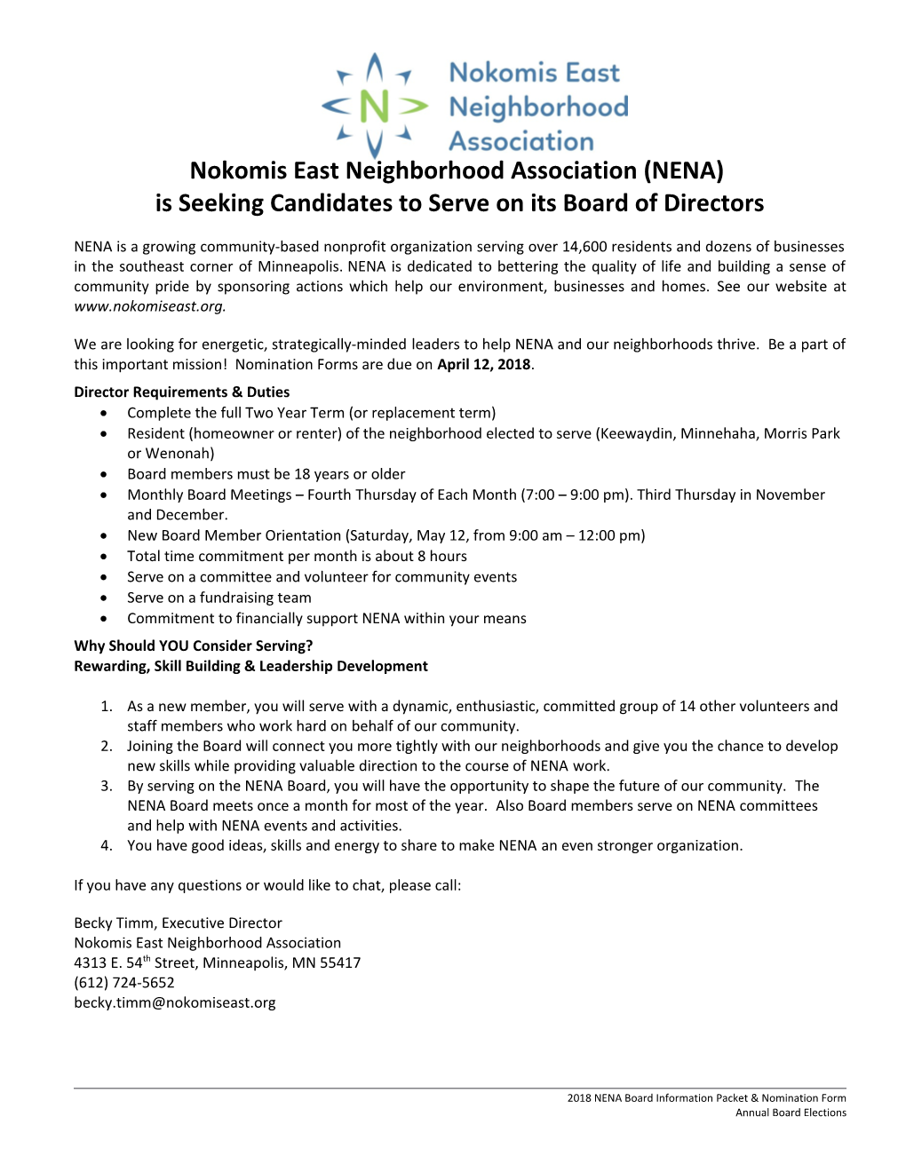 Nokomis East Neighborhood Association (NENA) Is Seeking Candidates to Serve on Its Board