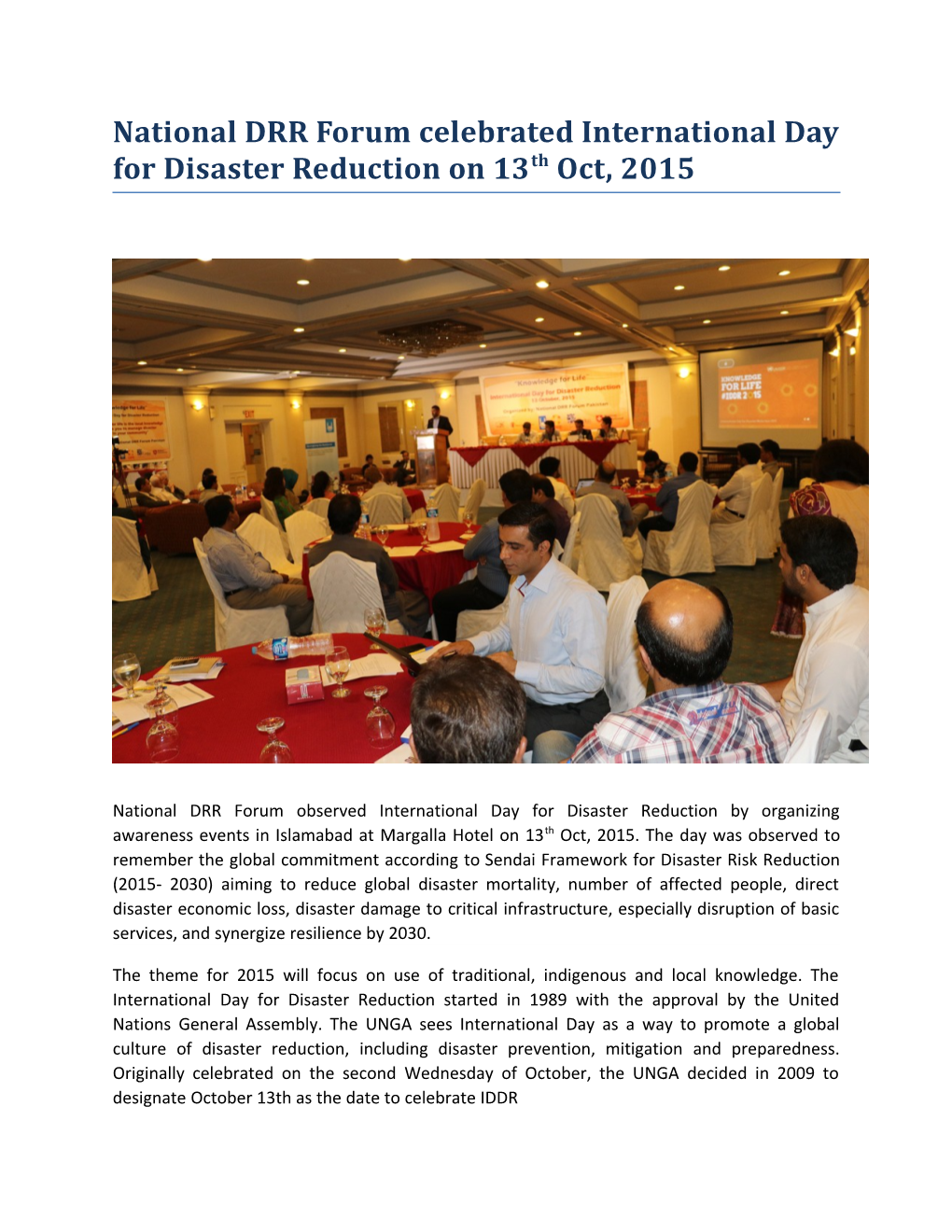 National DRR Forum Celebrated International Day for Disaster Reduction on 13Th Oct, 2015