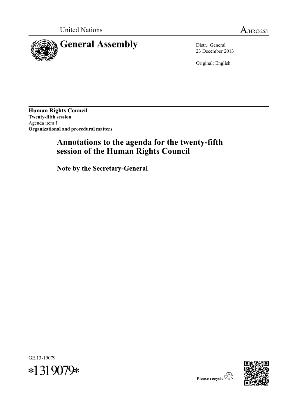 Annotations to the Agenda for the Twenty-Fifth Session of the Human Rights Council
