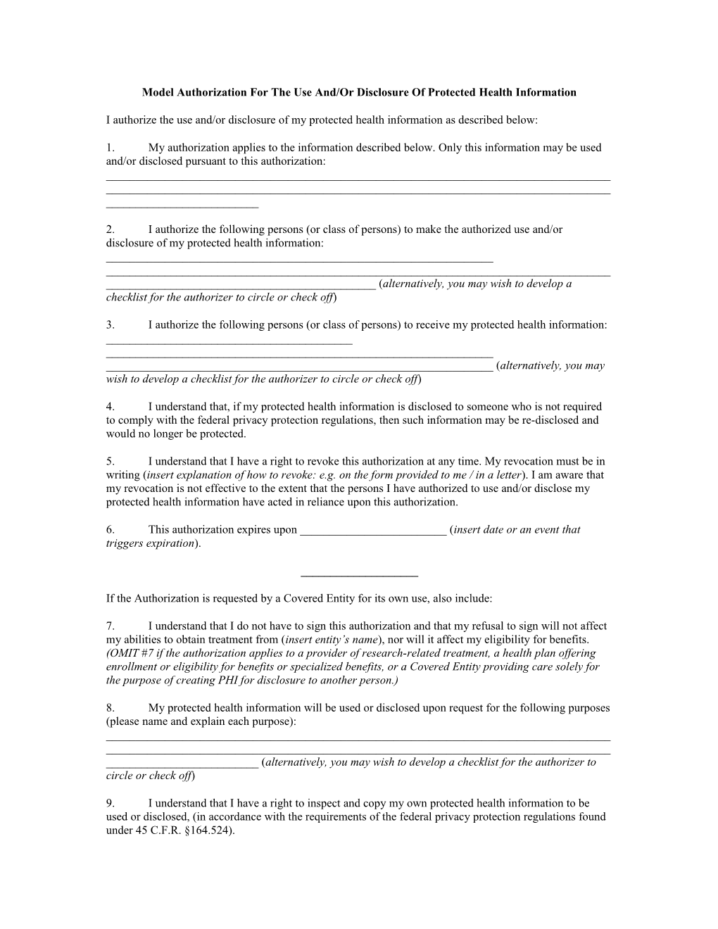 Model Authorization for the Use And/Or Disclosure of Protected Health Information