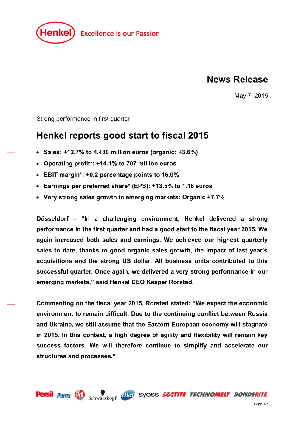 Henkel Reports Goodstart to Fiscal 2015
