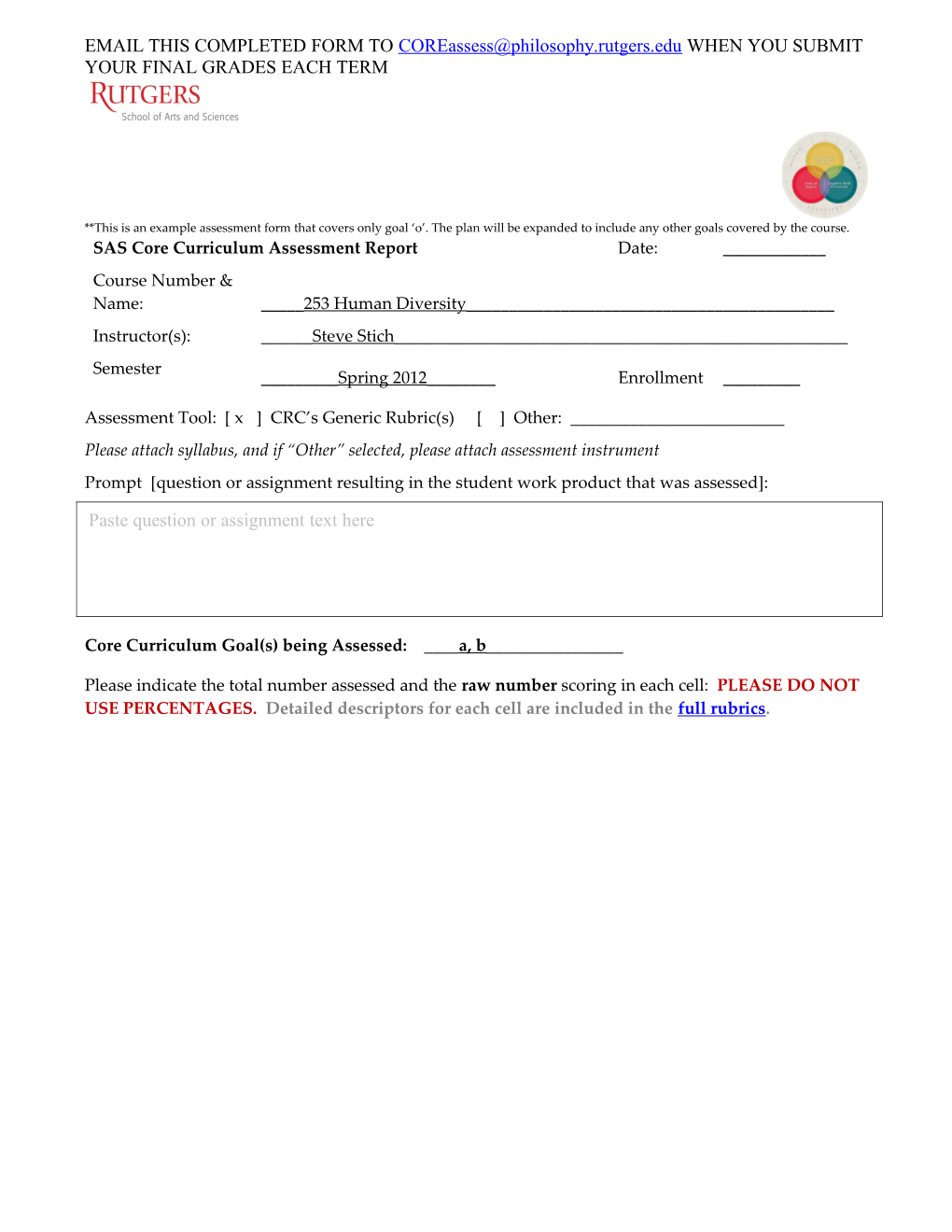 Email This Completed Form to When You Submit Your Final Grades Each Term