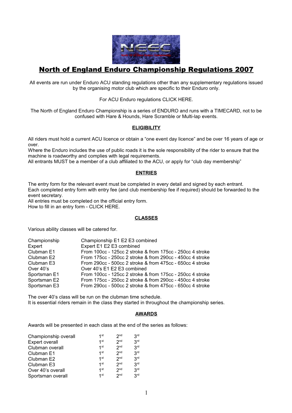 North of England Enduro Championship Regulations 2007