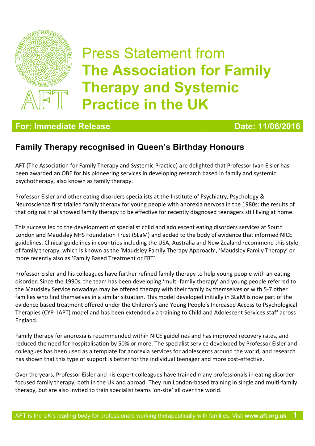 Family Therapy Recognised in Queen S Birthday Honours