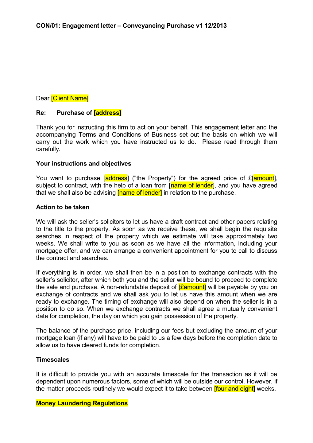 CON/01: Engagement Letter Conveyancing Purchase V1 12/2013