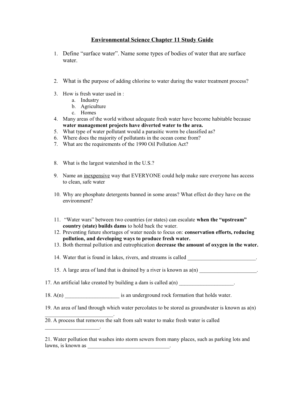 Environmental Science Chapter 11 Study Guide