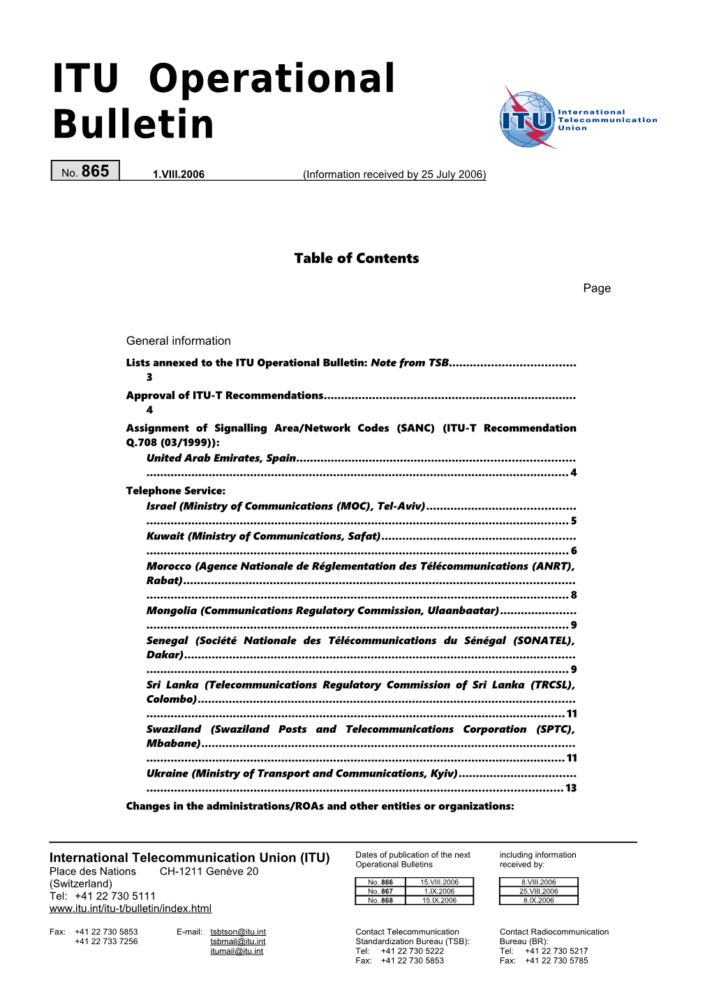 ITU Operational Bulletin No. 865 Du 1.VIII.2006