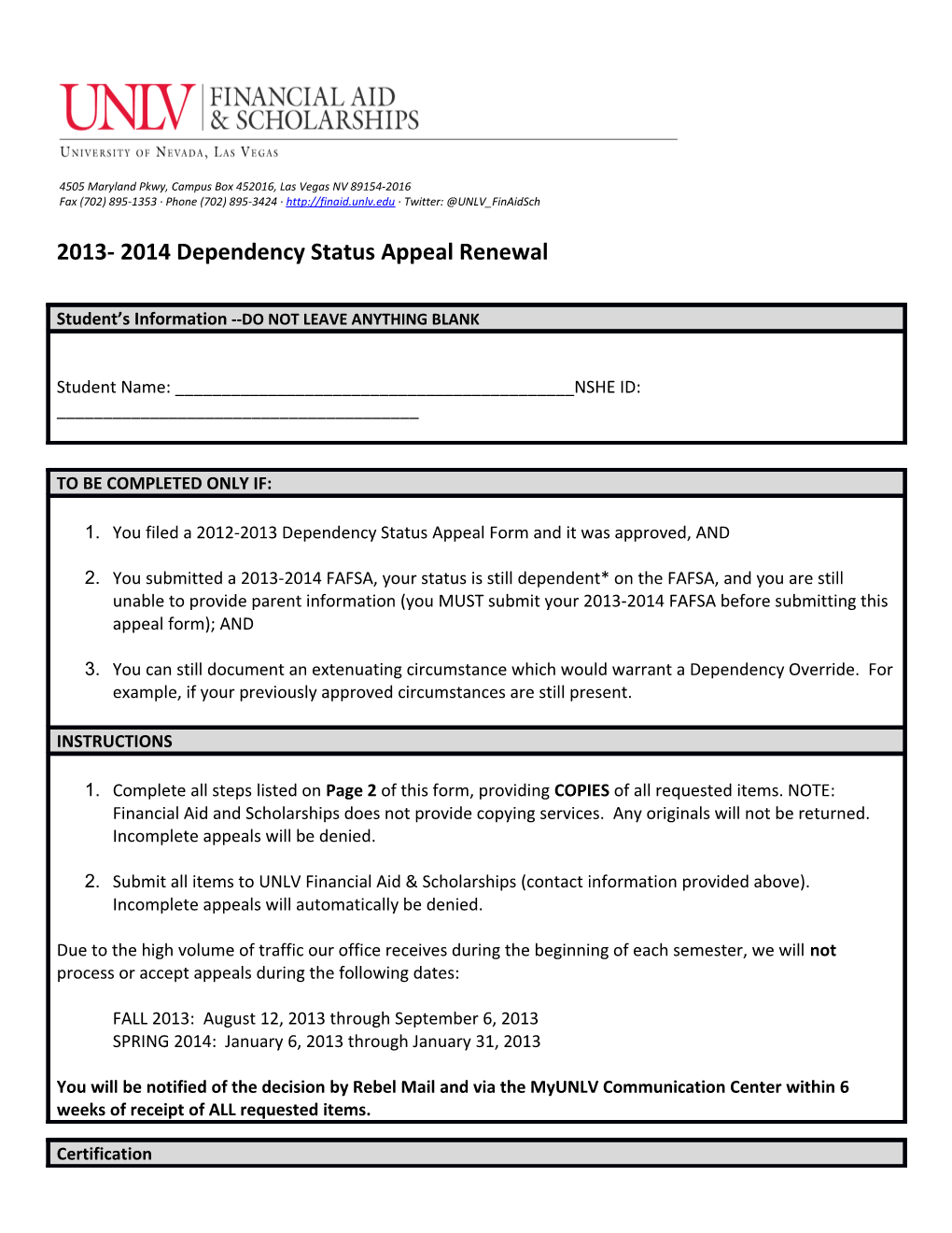 2013- 2014 Dependency Status Appeal Renewal