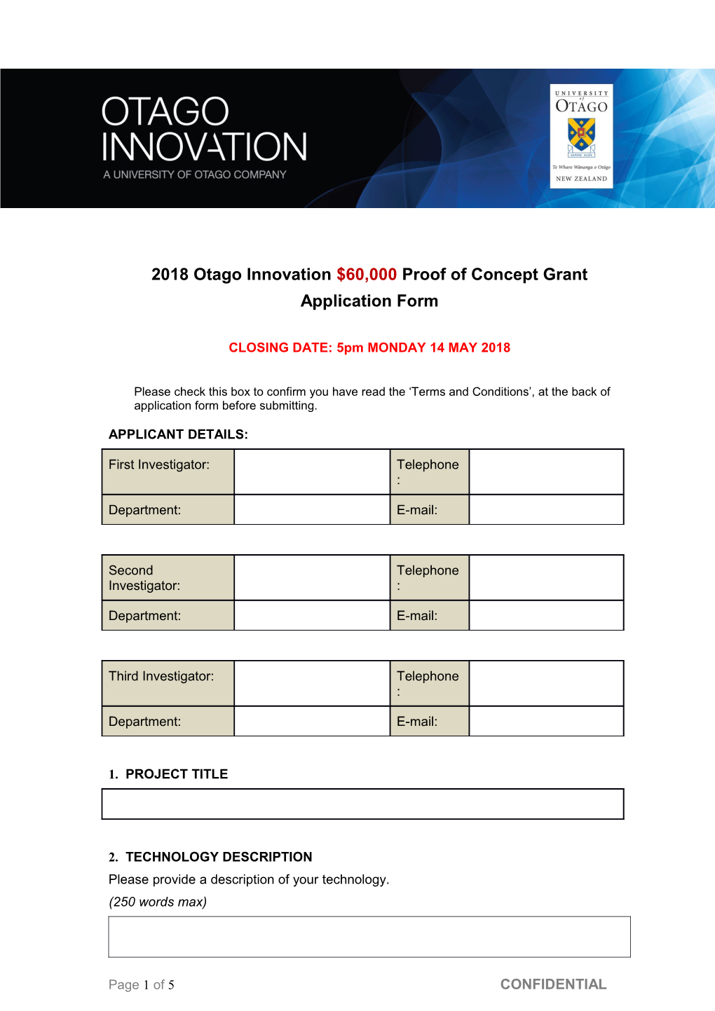 2018 Otago Innovation $60,000 Proof of Concept Grant