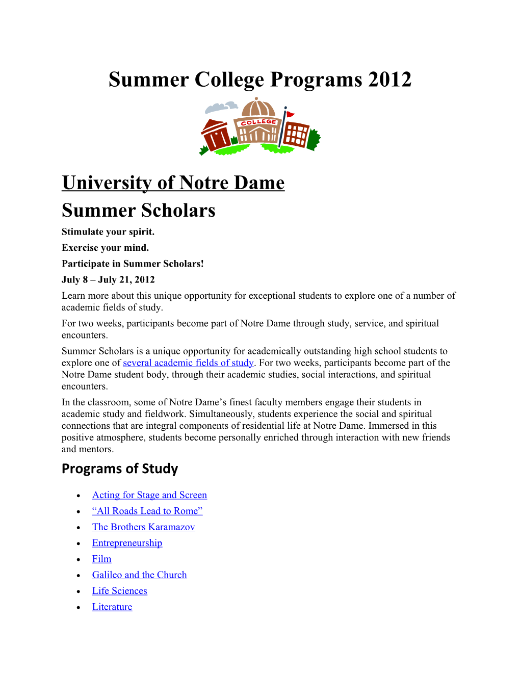 Summer College Programs 2012