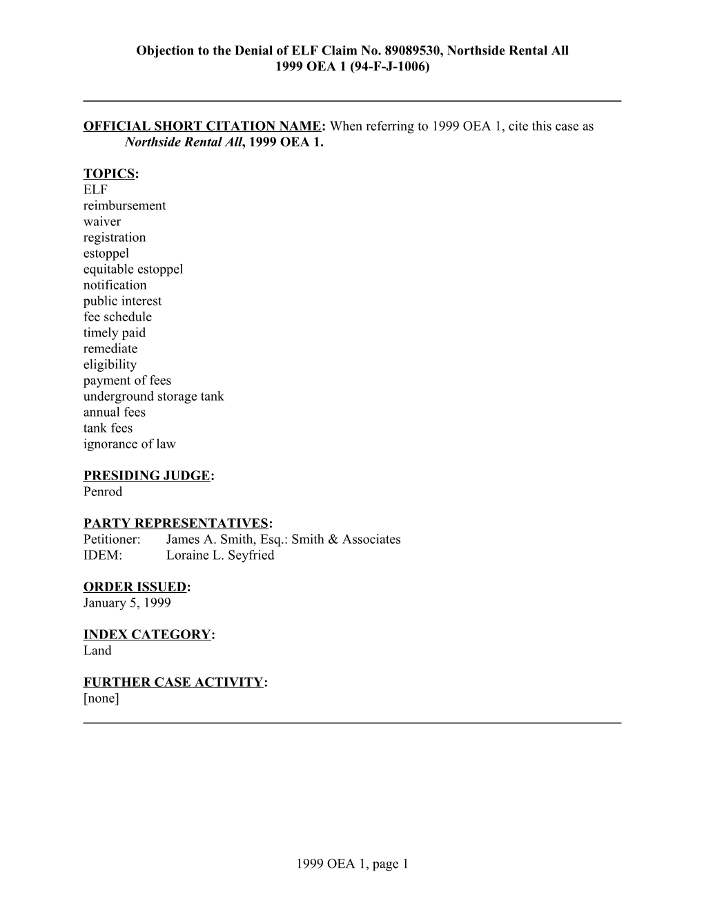 Objection to the Denial of ELF Claim No. 89089530, Northside Rental All