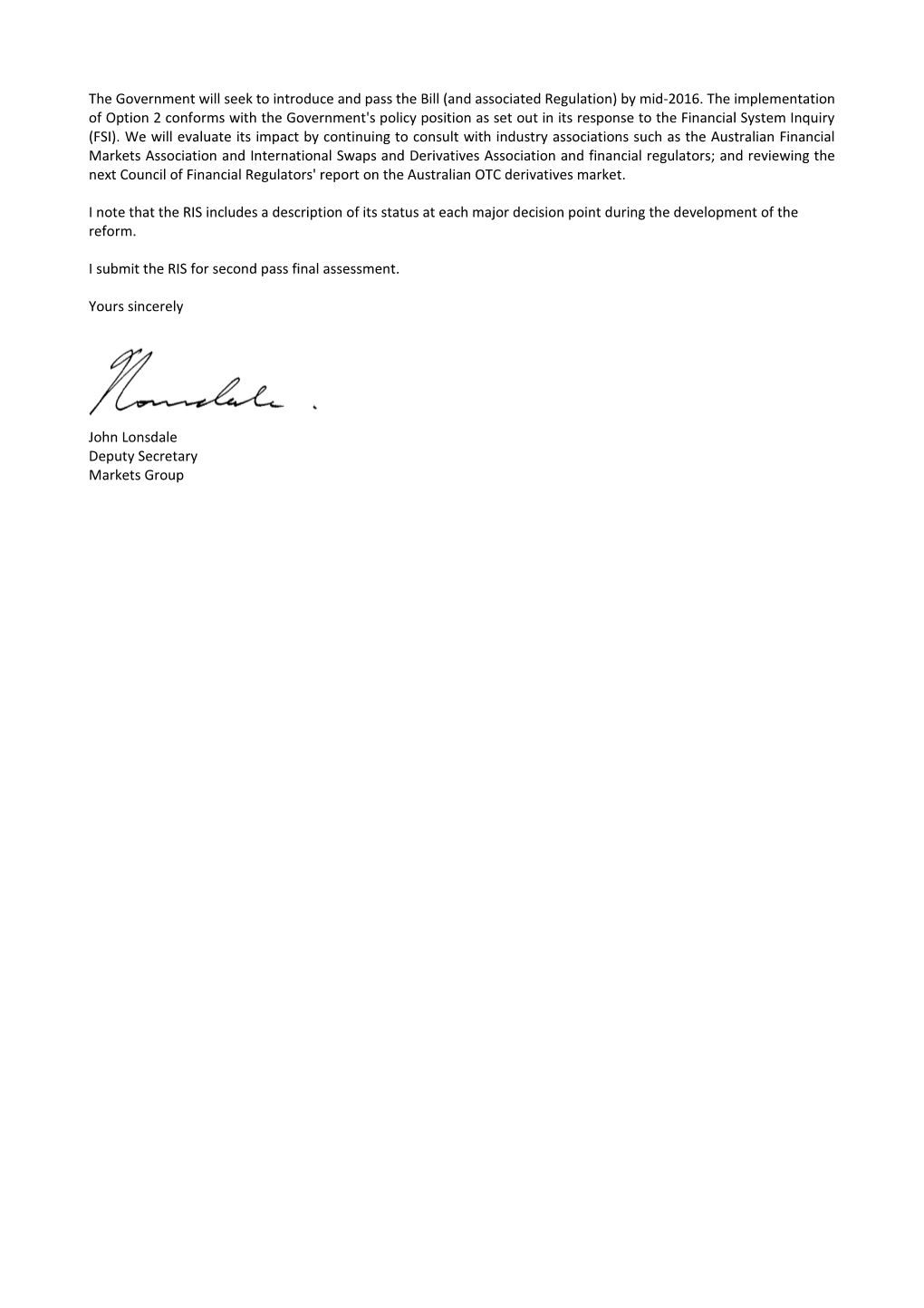 Deputy Secretary Certification Letter