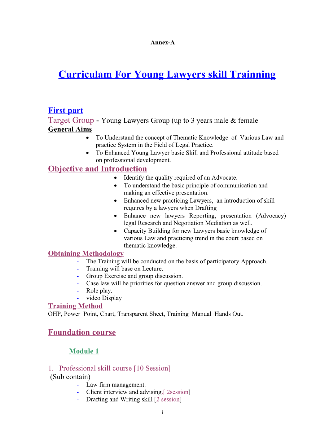 Curriculam for Young Lawyers Skill Trainning