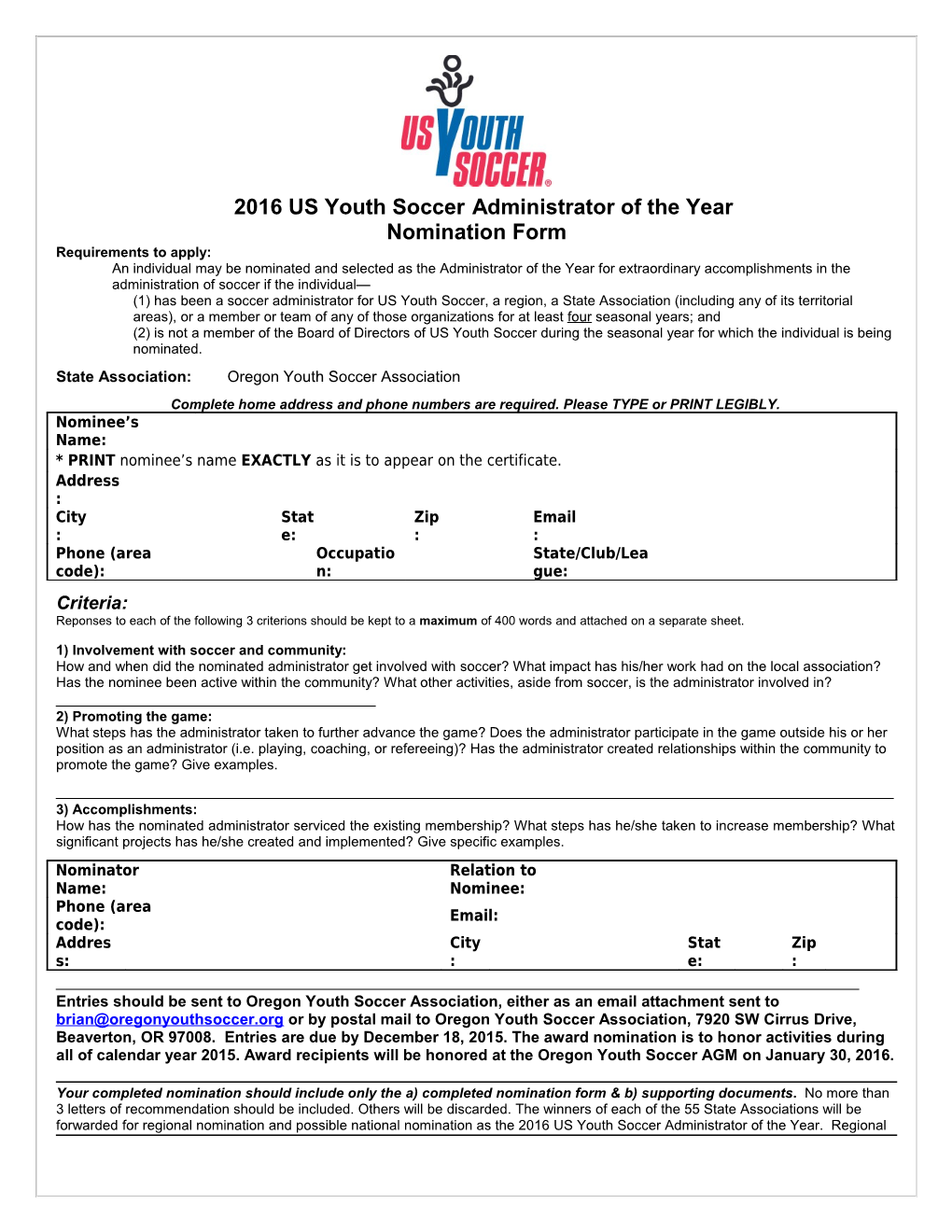 2016 US Youth Socceradministrator of the Year