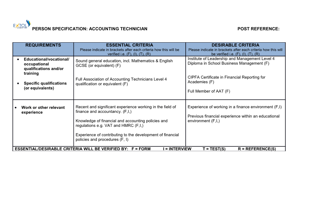 Person Specification: Accounting Technician Post Reference