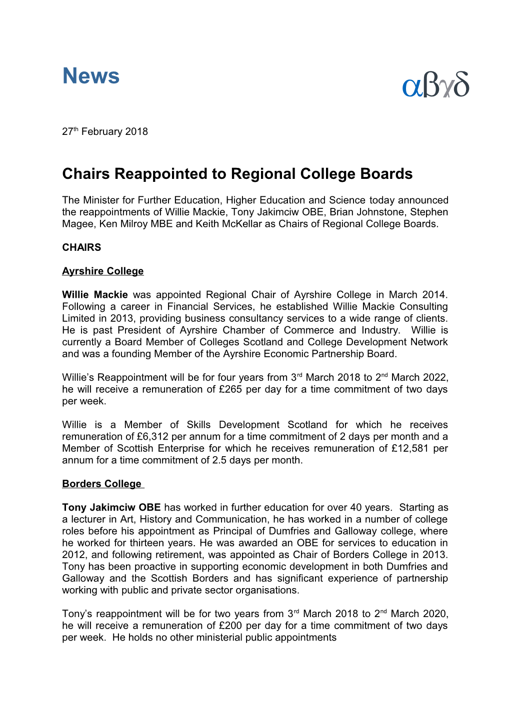 Chairs Reappointed to Regional College Boards