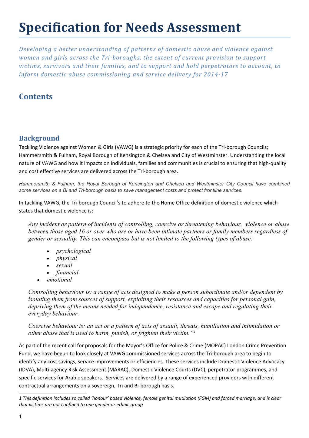 Specification for Needs Assessment