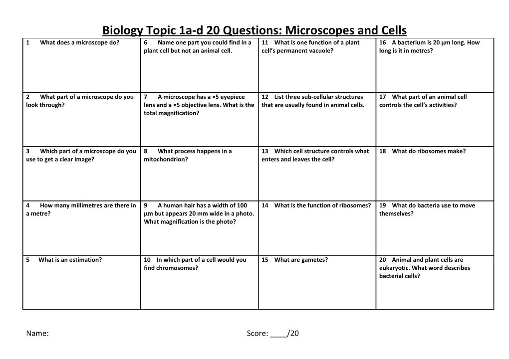 Biologytopic 1A-D 20 Questions: Microscopes and Cells