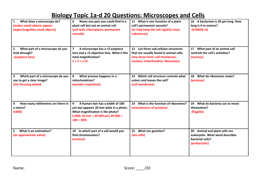 Biologytopic 1A-D 20 Questions: Microscopes and Cells
