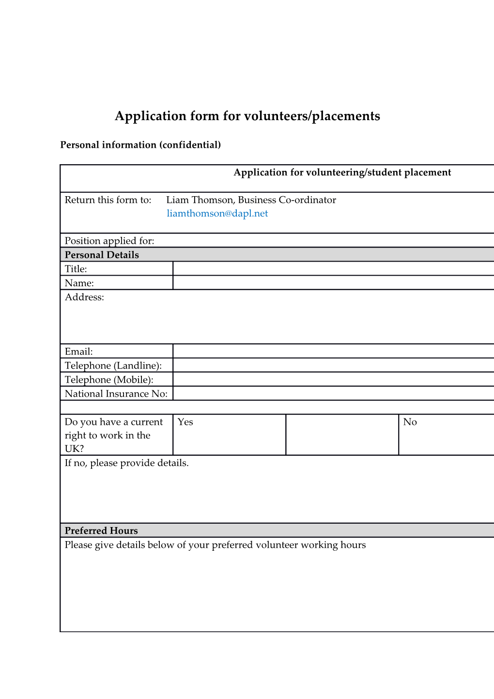 Application Form for Volunteers/Placements