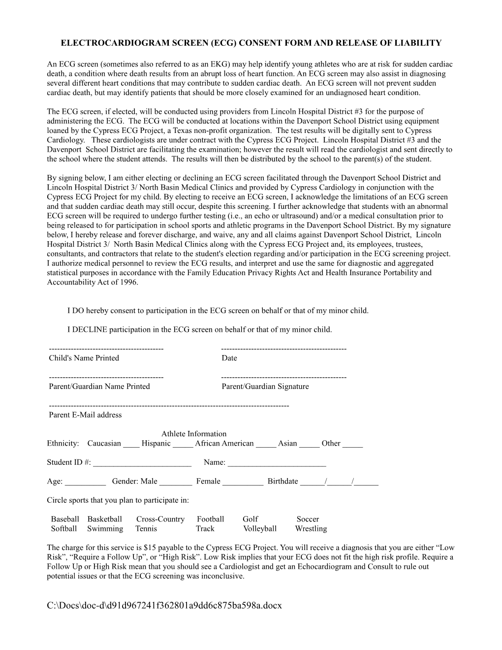 Electrocardiogram Screen (Ecg) Consent Form and Release of Liability