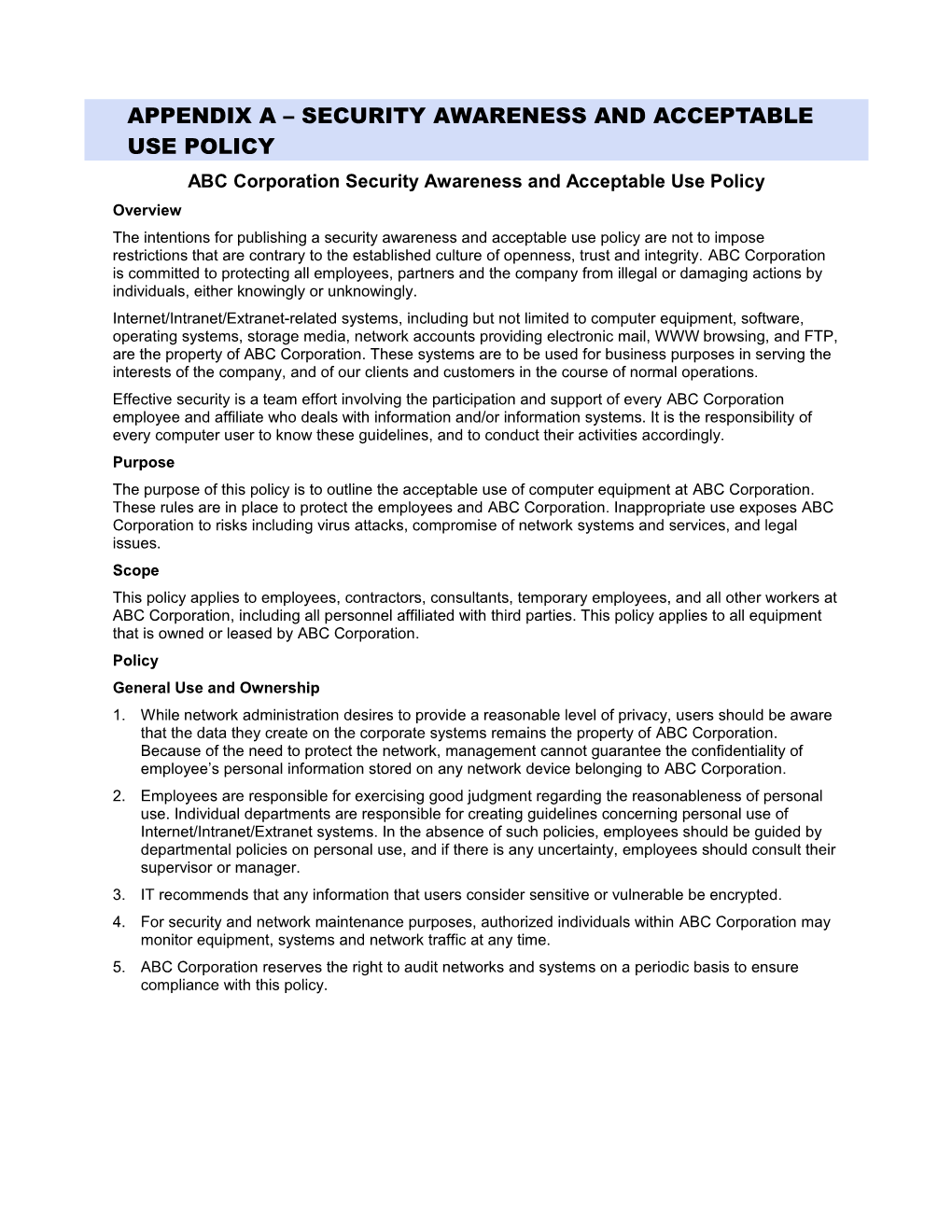 Appendix a Security Awareness and Acceptable Use Policy