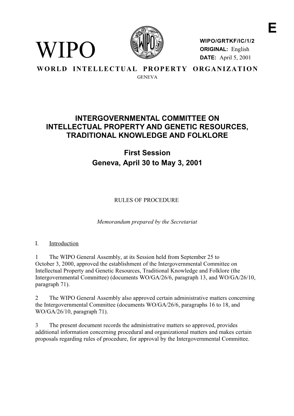 WIPO/GRTKF/IC/1/2: Rules of Procedure